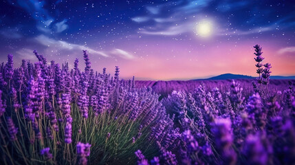 Nocturnal Lavender Elegance, A Nighttime View of Blooming Lavender Fields.