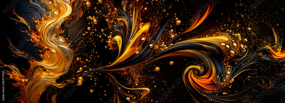 Wall mural Luxury Gold swirls, waves on black background. Shiny golden sparkling droplets backdrop for copy space and text. Special effects web banner for luxury beauty salon products. orange yellow Halloween