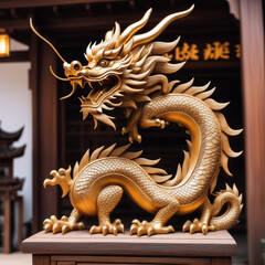 Obraz premium Dragon carved from old wood. Symbol. Dragon old wooden and chinese pattern, wood nature. Totem. AI generative image.