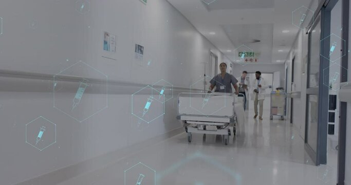 Animation of network of medical icons and data processing over diverse doctors in hospital