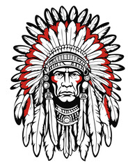 A black and red drawing of a native american indian chief