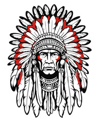 Native American Indian chief, black and red vector design against white background ¥