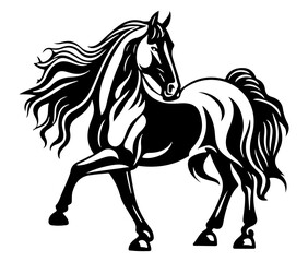 A black vector design of a running Friesian horse,  isolated on white
