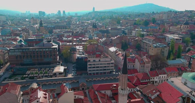 Cinematic Drone Shot of Islamic, Catholic, Orthodox and Jewish Places of Worship in Sarajevo