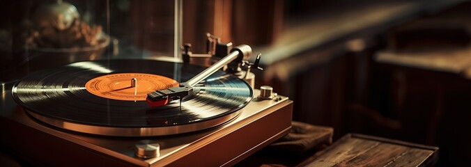 Vintage vinyl record player that reproduces sound,copy space. Created using generative AI technology.