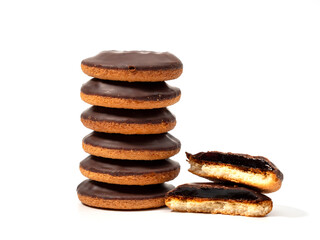 Cookies with dark chocolate and orange marmalade. Cookies with dark chocolate isolated on white...