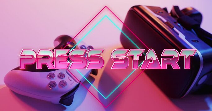 Animation of press start text over video game equipment on neon background