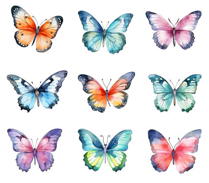 Set of watercolor butterflies isolated on white background.