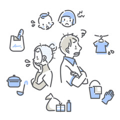 家事育児に追われて困っている若い夫婦　シンプルでお洒落な線画イラスト