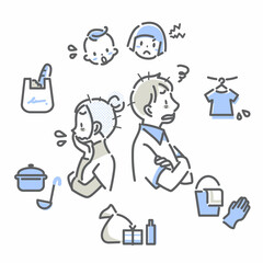 家事育児に追われて困っている若い夫婦　シンプルでお洒落な線画イラスト © fumi