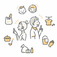 家事育児を分担する若い夫婦　シンプルでお洒落な線画イラスト © fumi
