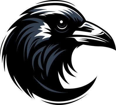 Crow head emblem. Mascot raven logo bird illustration isolated on white. Image of predator portrait for company use or tattoo. Ai generated.