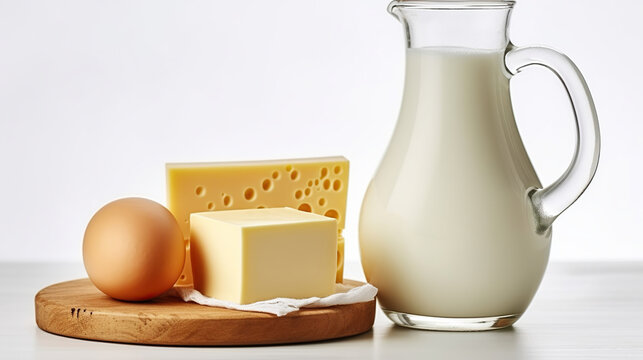 Creamy Harmony: Large Cheese Chunk and Milk Jug on white Background. Generative AI