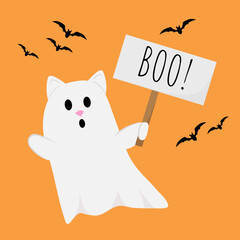 Happy Halloween. A cute cat ghost on an orange background with a sign "Boo!"