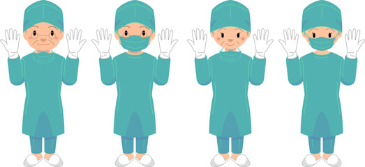 手術着を着たベテラン医師のイラスト