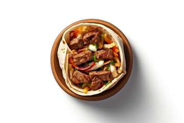 Obraz premium Delicious shawarma served on white background, Grilled pita wrapping chicken meat and fresh vegetables with sauce