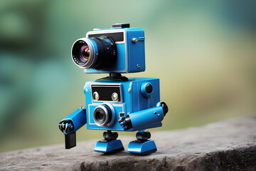 Fototapeta premium Cute Little Blue Robot Photographer - Adding Tech Charm to Your Shots