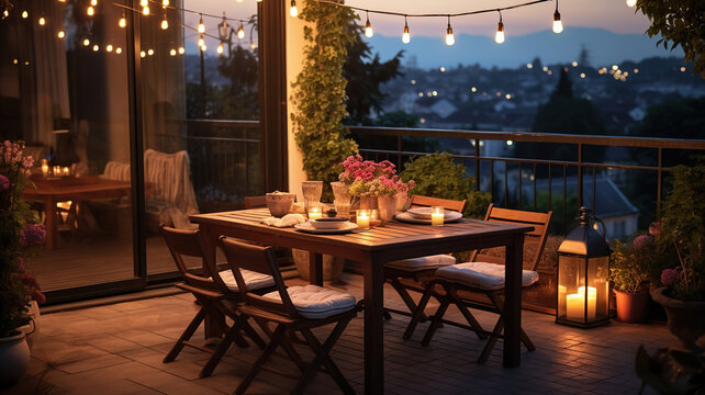 Beautiful evening on terrace in summer. Generative AI