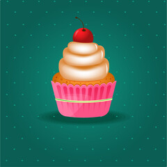 APPETIZING CUPCAKE WITH CREAM AND CHERRY
