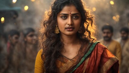 Photo of a woman wearing a vibrant yellow and red sari
