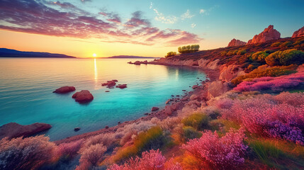 Colorful morning scene. Beautiful spring scenery. Fantastic sunrise Picturesque seascape. Generative AI