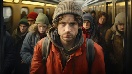 Impatient Expression: In this scene, the worker's facial expression reflects their impatience while waiting for the bus amid the crowded city streets