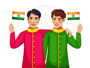 Happy kids show unity by holding Indian flags in their hands and hugging together. Concept of diversity, patriotism, and friendship.