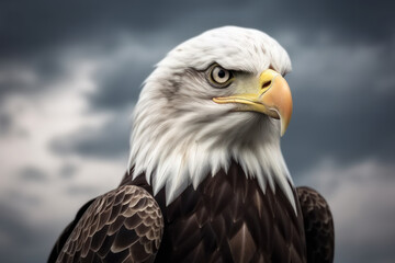 Bald Eagle in the cloudy sky. Close-up portrait.