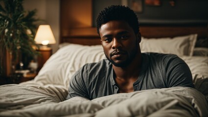 Fototapeta premium Photo of a man sitting on a bed looking at the camera