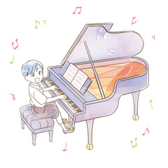 水彩アナログ風 男の子 ピアノ 演奏 発表会 イラスト(音符あり)