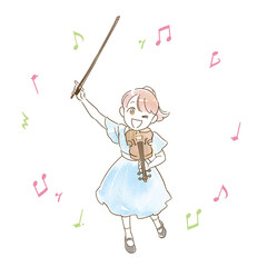 水彩アナログ風 女の子 ヴァイオリン 演奏 発表会 イラスト(音符あり)