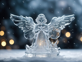 cupid angel transparent ice sculpture on snowy ground and christmas lights