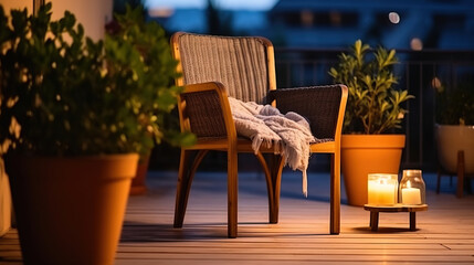 Fototapeta na wymiar Candlelit Chair on a Summer Terrace. Generative AI