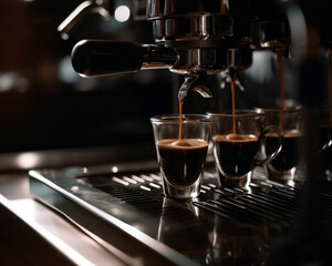 An espresso machine pouring freshly brewed coffee into shot glasses. Espresso being poured into three cups in a coffee shop