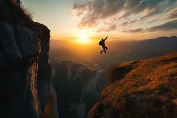 A thrilling cliff jump into crystal clear water. A daring leap from a cliff into the open sky