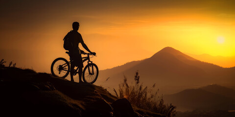 Obraz premium A man cycling on a mountain peak. A man riding a bike on top of a mountain