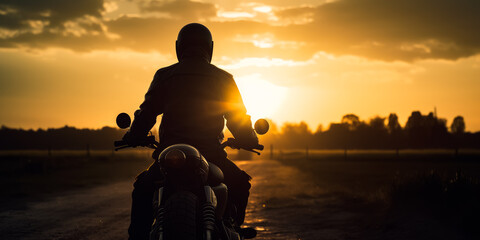 Man riding a motorcycle on a dirt road at sunset. A person riding a motorcycle on a dirt road