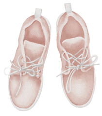 Sneakers top view. Hand drawn watercolor illustration of running and Sports Shoes on white isolated background. Drawing of pink trainers for icon or clip art. Sketch of women's jogging footwear.