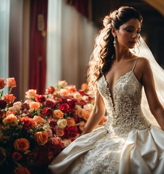 Photo of a bride in a beautiful wedding dress surrounded by colorful flowers