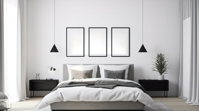 Empty picture frame on white wall in modern bedroom mock up interior in contemporary. Generative Ai