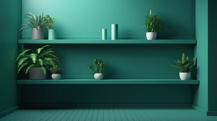 Minimal wall with angel vine plant and wooden shelf. Generative Ai