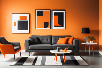 a living room with two chairs and a coffee table, three artworks and orange interior