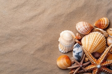 Fototapeta na wymiar Beautiful seashells,star fish, on sand beach.Generative Ai.