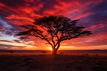 Fototapeta na wymiar Fiery Sunset over the Serengeti Plains