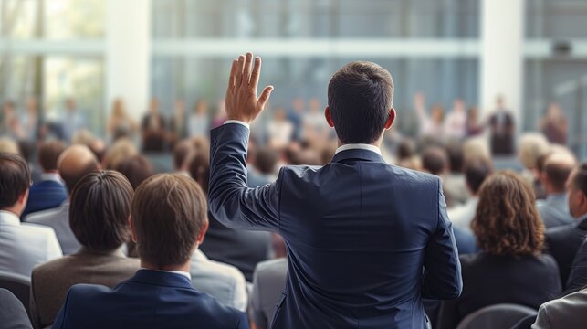 Unrecognizable Businessman Person Of Multi-ethnic Businesspeople Raising Their Hands During A Presentation Seminar For Asking Question At Their Company,ai Generate