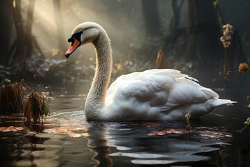 Graceful Swan in a Misty Pond