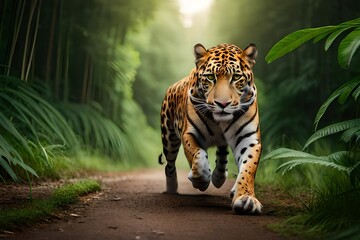 Jaguar running in the tropical green forest generated by AI tool