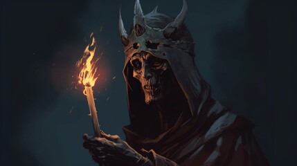 cultist with candle burning on top of head by Mike Mig.Generative AI - obrazy, fototapety, plakaty