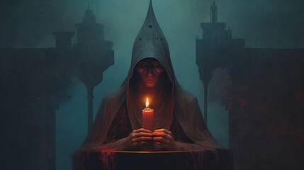 cultist with candle burning on top of head by Mike Mig.Generative AI - obrazy, fototapety, plakaty