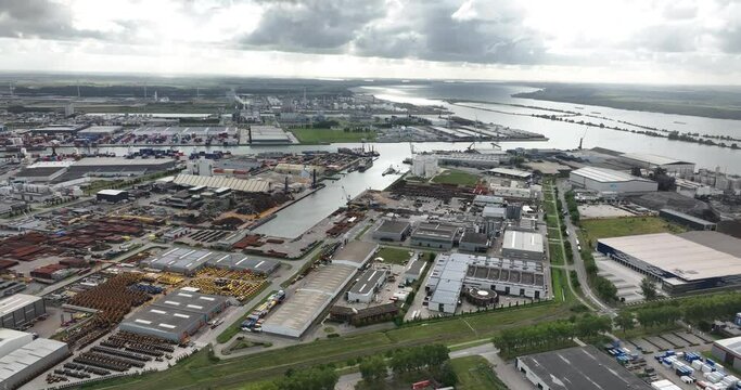 Moerdijk, 3th of August, 2023, The Netherlands. Aerial Drone View of Moerdijk Port and Industrial Zone